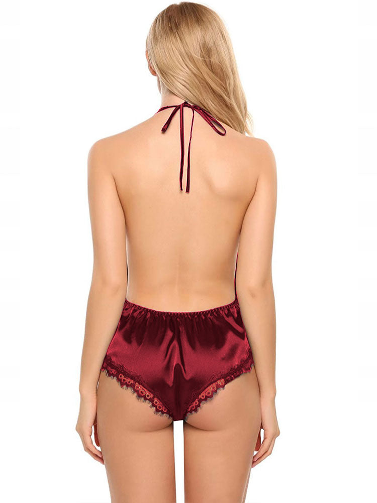 Satin Elegance: Neck-Tied Romper with Lace Trim Marsala