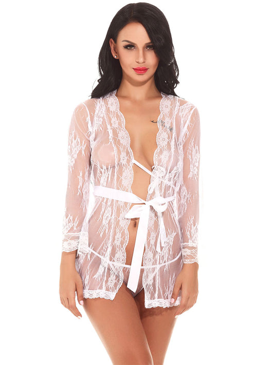 Sheer Floral Elegance: Robe and Lace Panties White