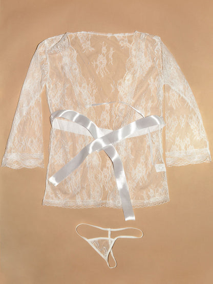 Sheer Floral Elegance: Robe and Lace Panties White