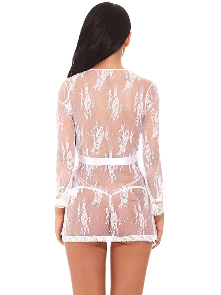 Sheer Floral Elegance: Robe and Lace Panties White