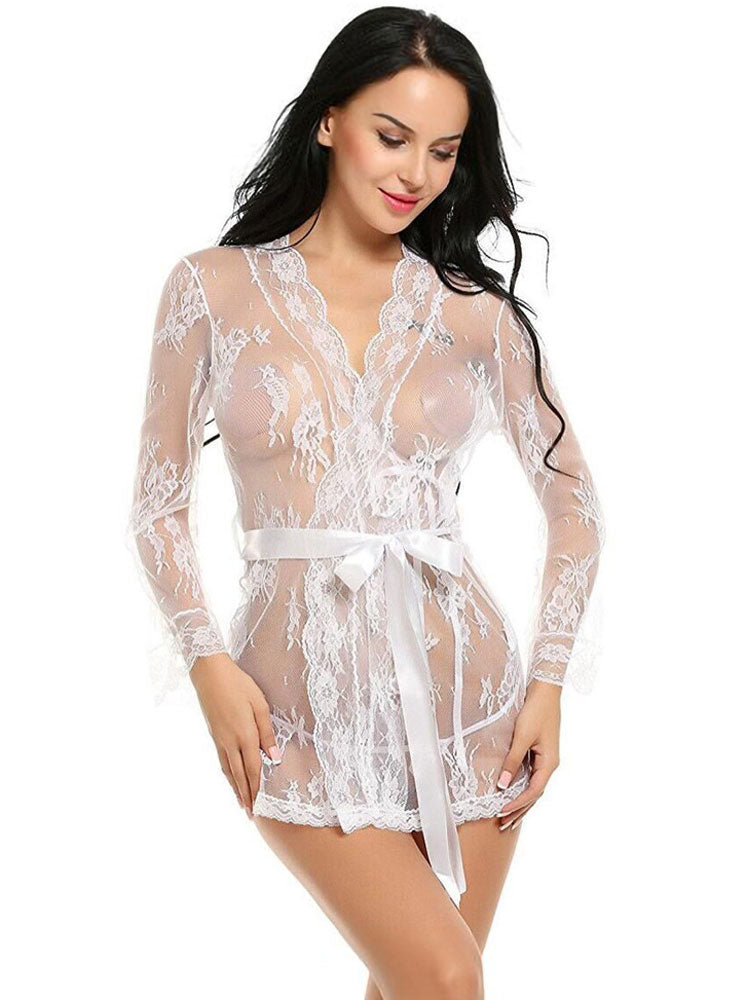 Sheer Floral Elegance: Robe and Lace Panties White