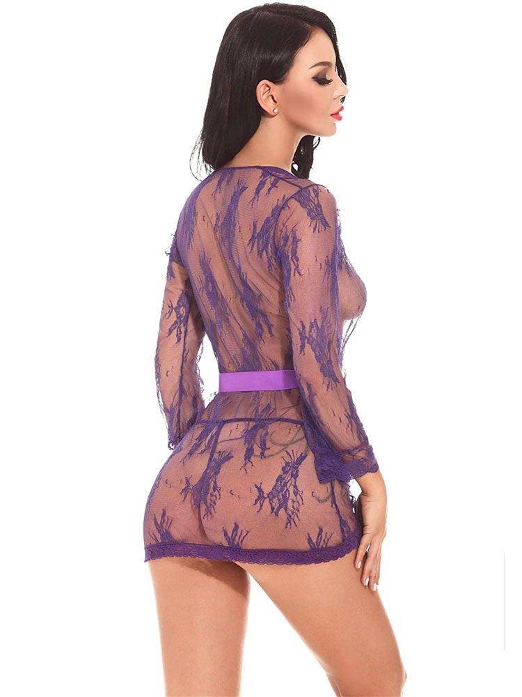 Sheer Floral Elegance: Robe and Lace Panties Purple