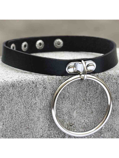 Leather Neck Choker with Large Metal Ring