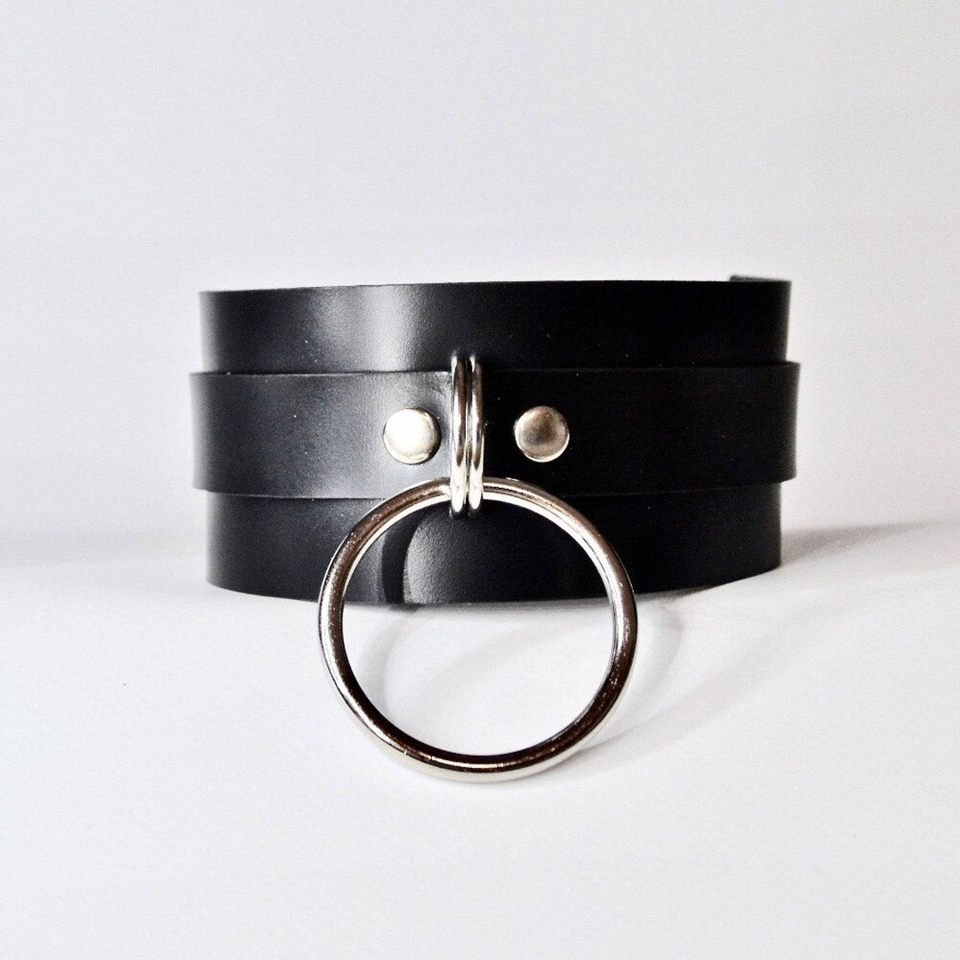 Double-Layered Leather Neck Choker with Metal Ring