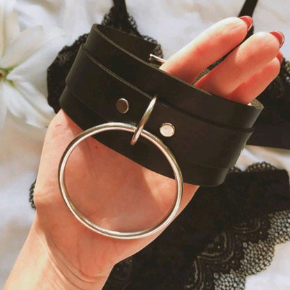 Double-Layered Leather Neck Choker with Metal Ring