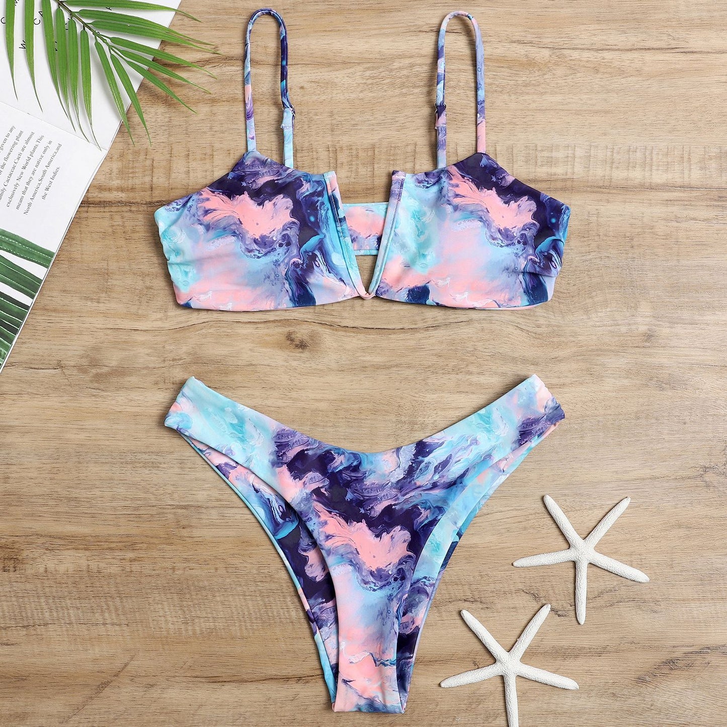 Marble Print High-Neck Bikini with High-Waist Bottoms