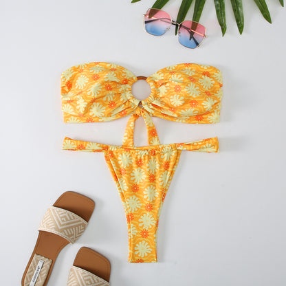 Bandeau Floral Cut-Out Bikini with High-Cut Bottom Yellow