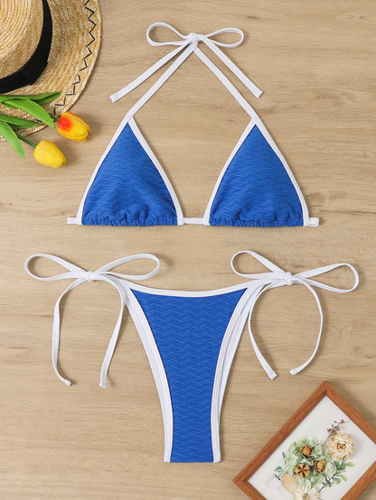 String Bikini with Triangle Top and Tie-Side Bottoms Blue