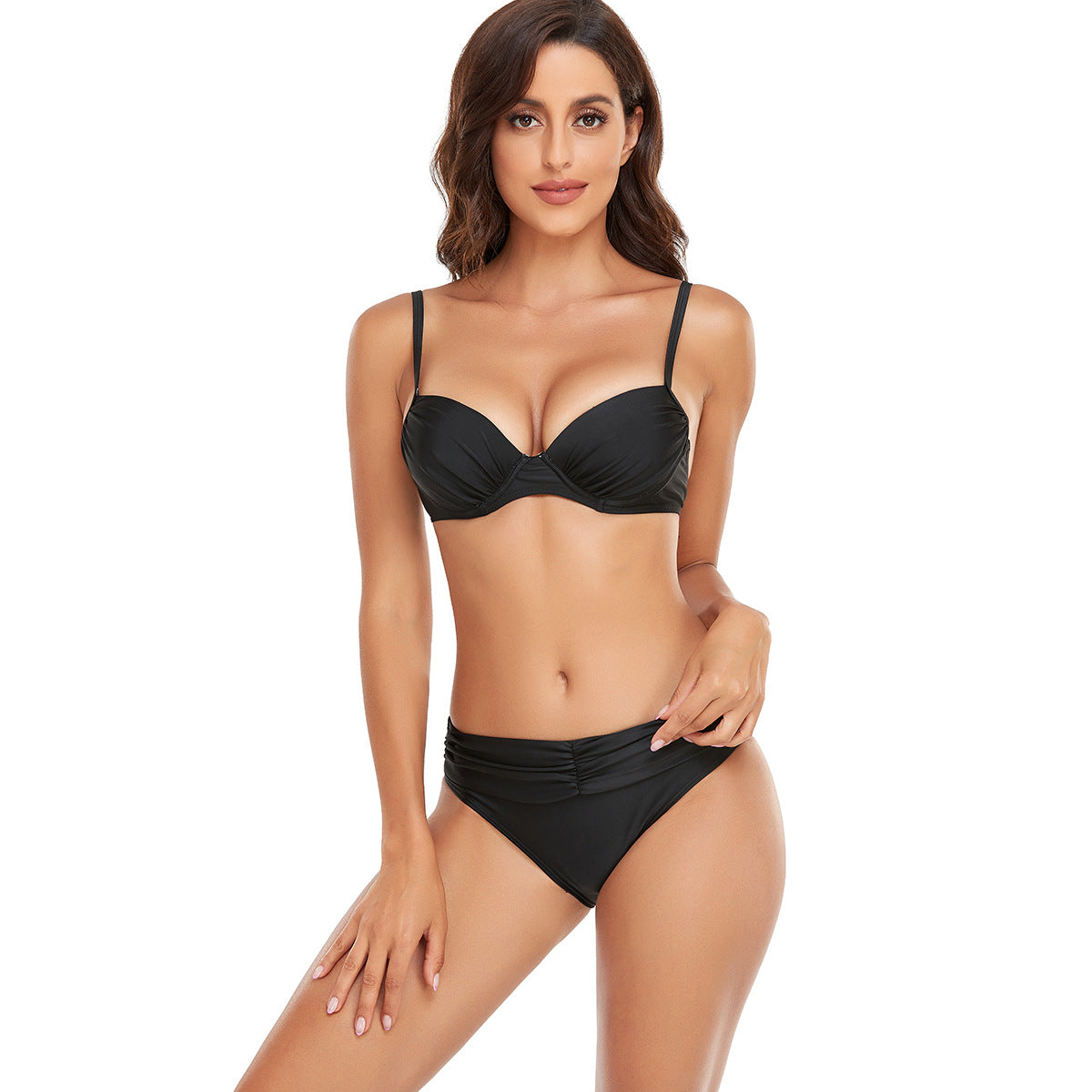 Classic Black Bikini with Ruched Bottoms Red
