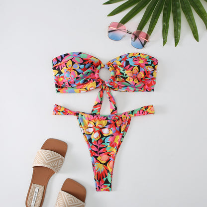 Bandeau Floral Cut-Out Bikini with High-Cut Bottom Black