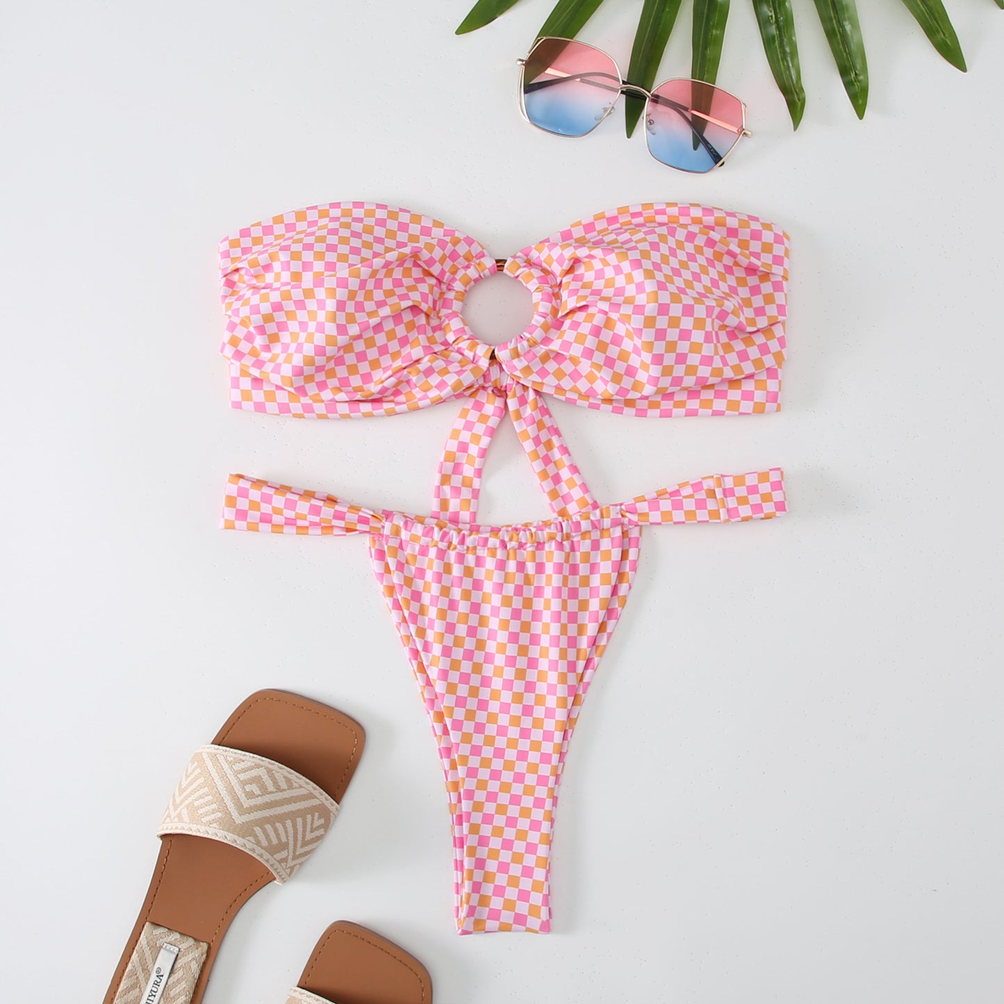 Bandeau Floral Cut-Out Bikini with High-Cut Bottom Pink