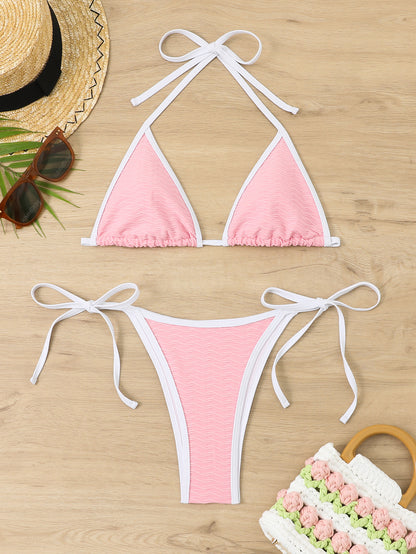 String Bikini with Triangle Top and Tie-Side Bottoms Pink