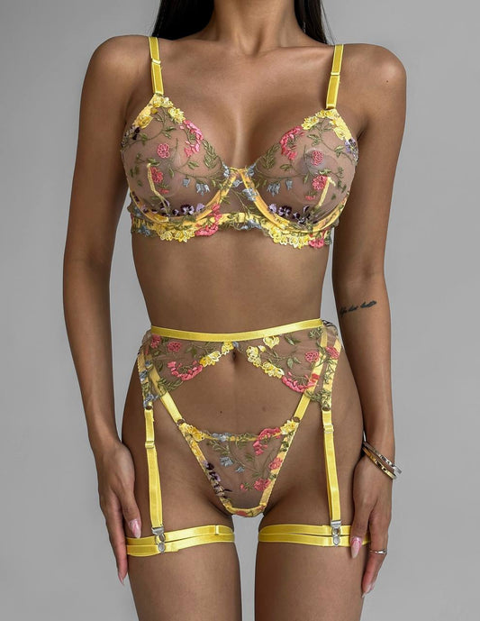 Whispering Petals (Yellow Set With Floral Embroidery)