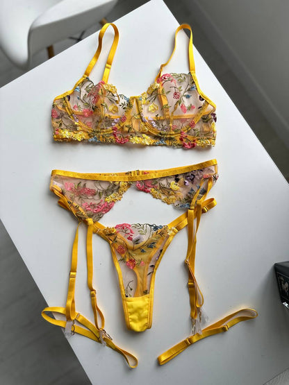 Whispering Petals (Yellow Set With Floral Embroidery)