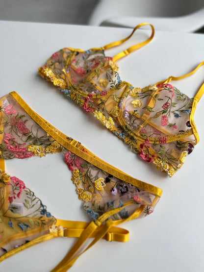 Whispering Petals (Yellow Set With Floral Embroidery)