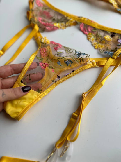 Whispering Petals (Yellow Set With Floral Embroidery)