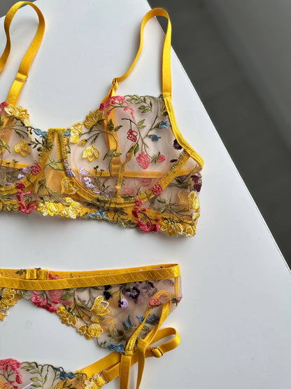 Whispering Petals (Yellow Set With Floral Embroidery)